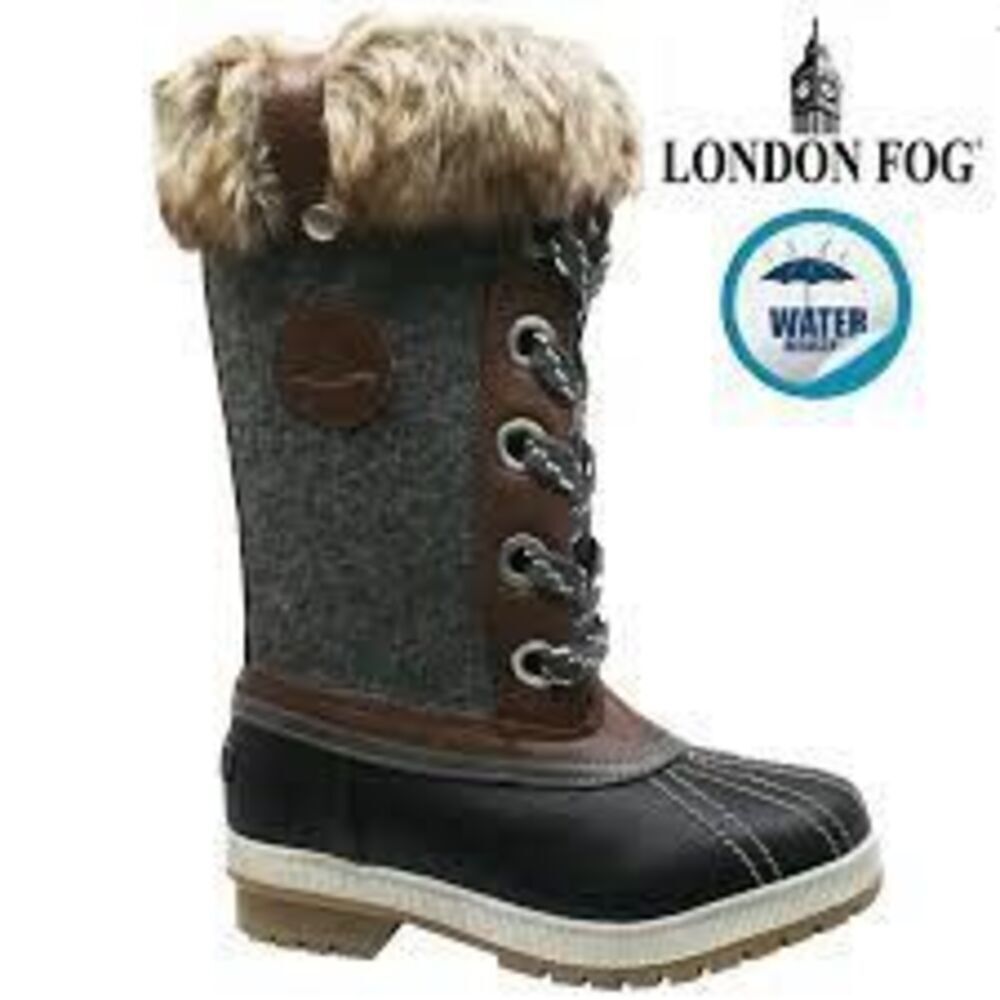 London Fog Women's Size 8 Melton Winter Snow Boots Gray Tall Faux Fur Trim
